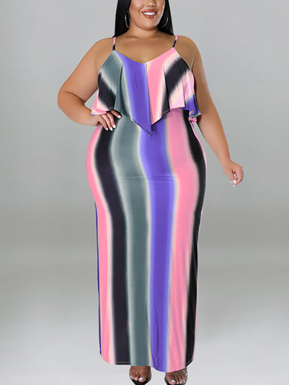 Plus Size Ruffle Strap Rainbow Stripe Print Dress