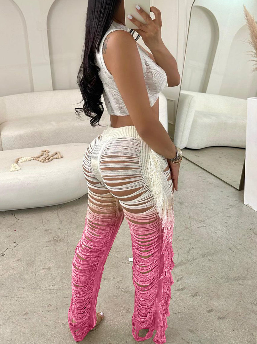 Gradient Crochet Halter Top Fringe Pants Set