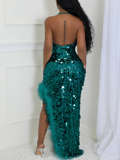 Sequin Halter Backless Feather Trim Dress