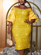 Off-Shoulder Puff Sleeves Sequin Midi Dress