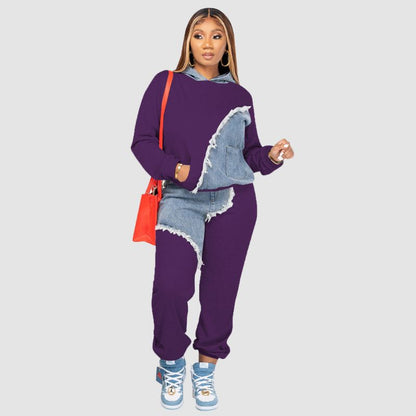 Conjunto de pantalón y sudadera con capucha de patchwork de mezclilla