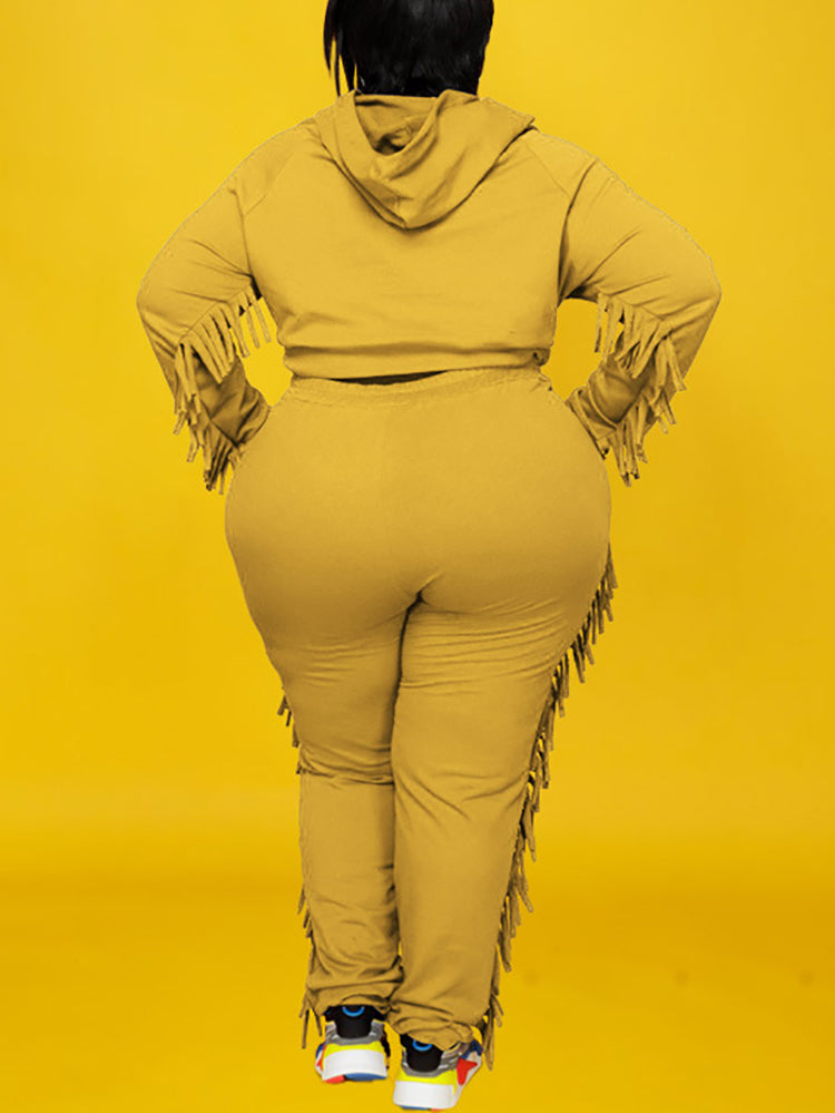 Two Pieces Plus Size Fringe Hooded Tracksuit