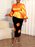 Plus Size Puff Sleeve Floral Skirt Set