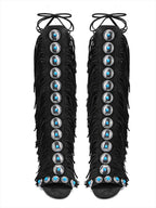 Boho Gemstone Lace-Up Fringe Heeled Sandals