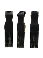 Sleeveless Rhinestone Fringe Hem Maxi Dress