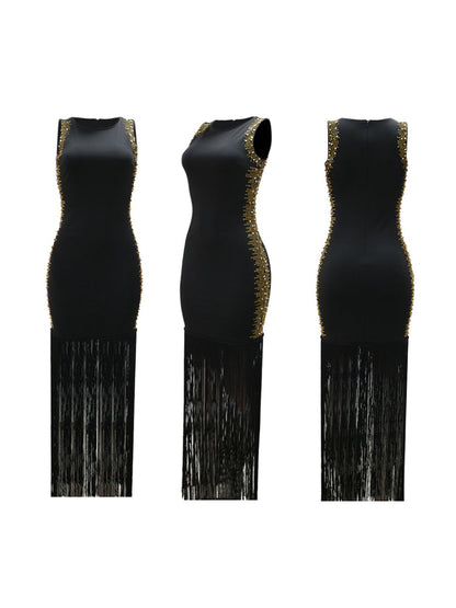 Sleeveless Rhinestone Fringe Hem Maxi Dress