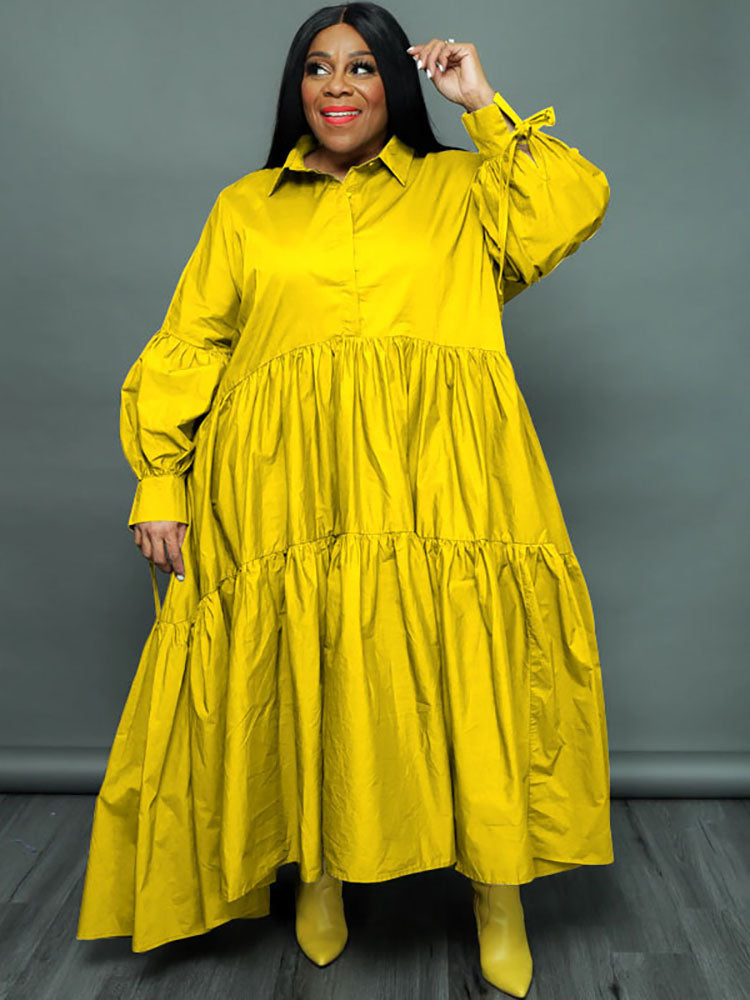 Vestidos largos con dobladillo con volantes y manga larga de talla grande