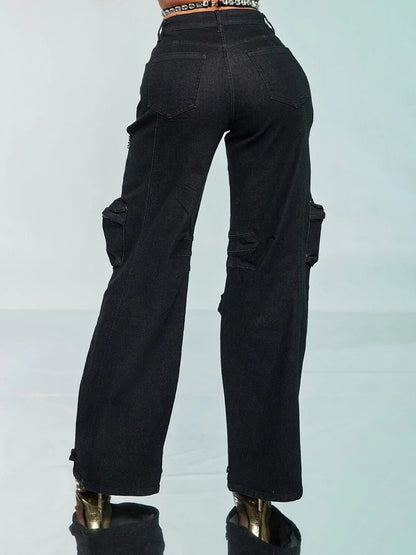 Hollow Rhinestone Multiple Pockets Denim Jeans