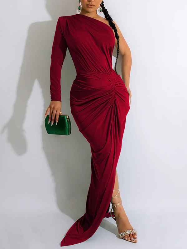 Bodycon One Sholder Long Sleeve Ruched Cocktail Maxi Dresses