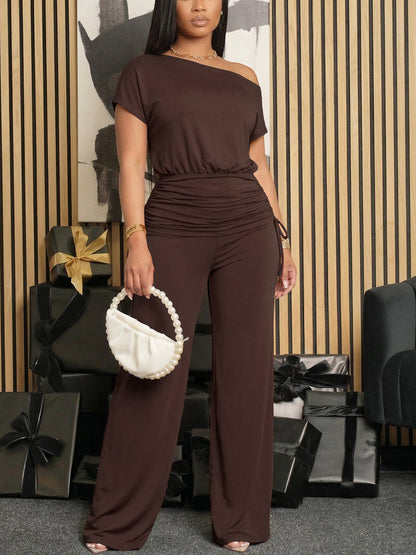 One Shoulder Ruched Wide Leg Pants Set