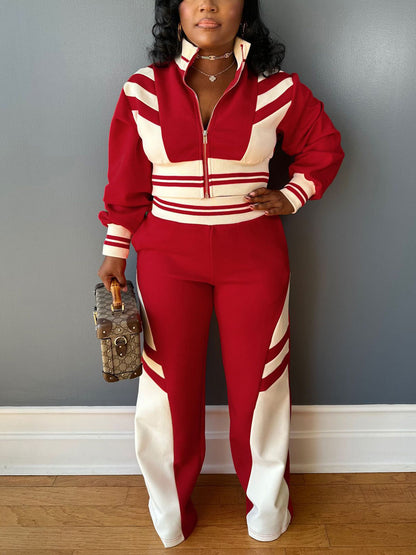 Zip Up Top Color Block Pants Set