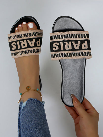 Paris Letter Knit Band Slide Sandals