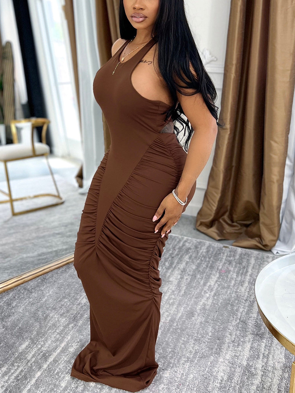 Cutout Halter Backless Ruched Maxi Dress
