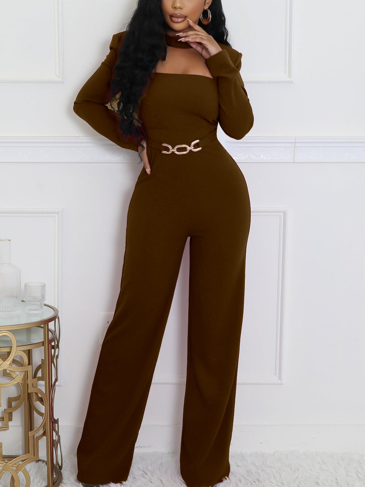 Long Sleeve Choker Waist Chain Jumpsuit