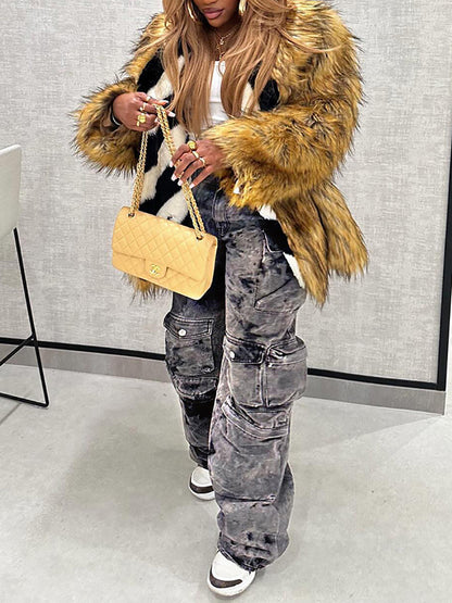 Multiple Pockets Washed Denim Cargo Jeans