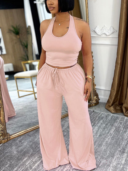 Halter Top Pocket Wide Leg Pants Set