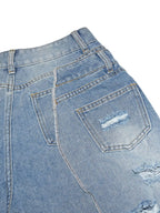 Asymmetrical Distressed Denim Capri Pants