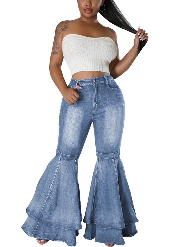 Denim High Waist Ruffle Flare Jeans