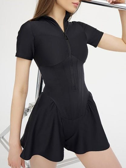 Short Sleeve Zip Front Rompers