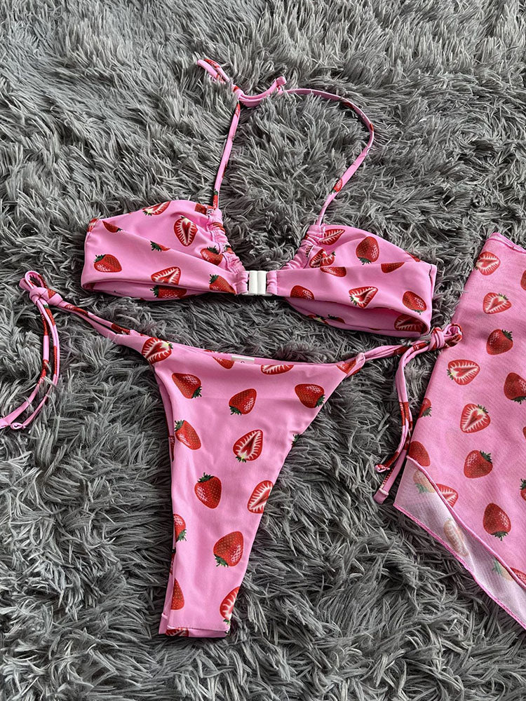 Three-Piece Mesh Drawstring Bikini Set
