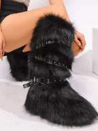 Y2K Faux Fur Cross Strap Buckle Boots