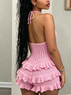 Crochet Flower Halter Backless Romper