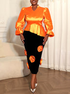 Plus Size Puff Sleeve Floral Skirt Set