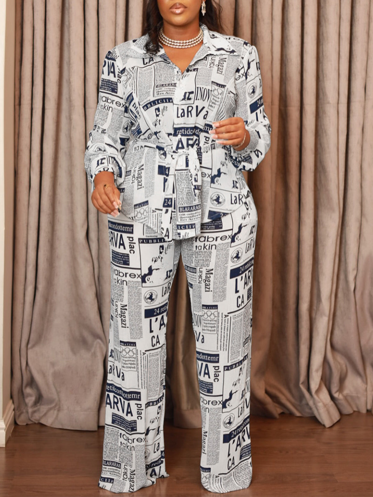 Newspaper Print Blazer Belted Pants Set