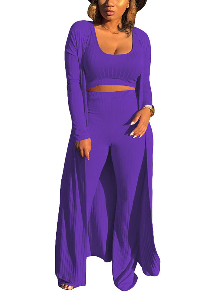 Conjunto de tres piezas Crop Top+Cárdigan largo tipo kimono+Pantalones