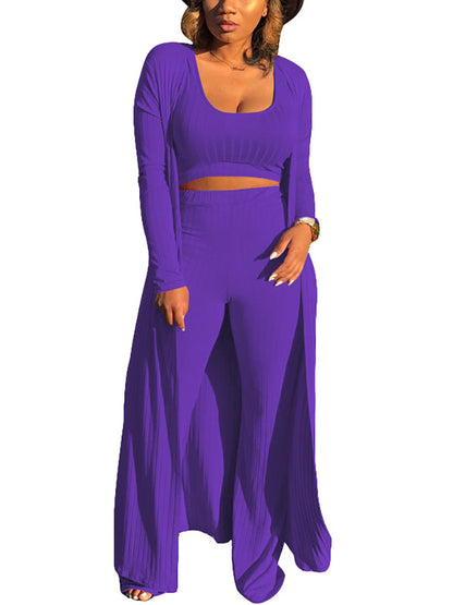 Conjunto de tres piezas Crop Top+Cárdigan largo tipo kimono+Pantalones