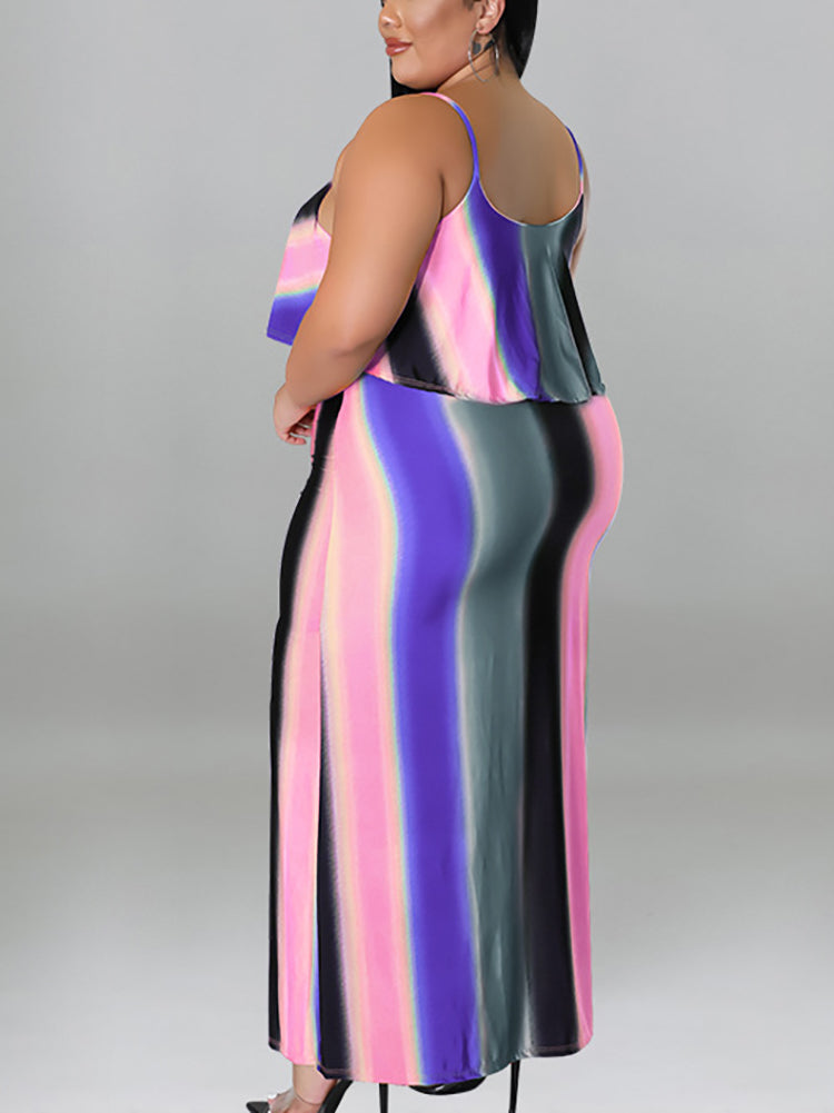 Plus Size Ruffle Strap Rainbow Stripe Print Dress