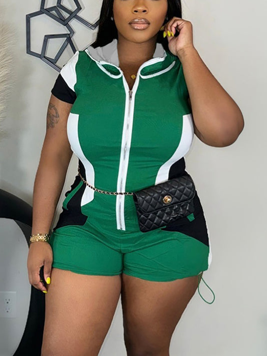 Colorblock Zip-Up Hooded Romper