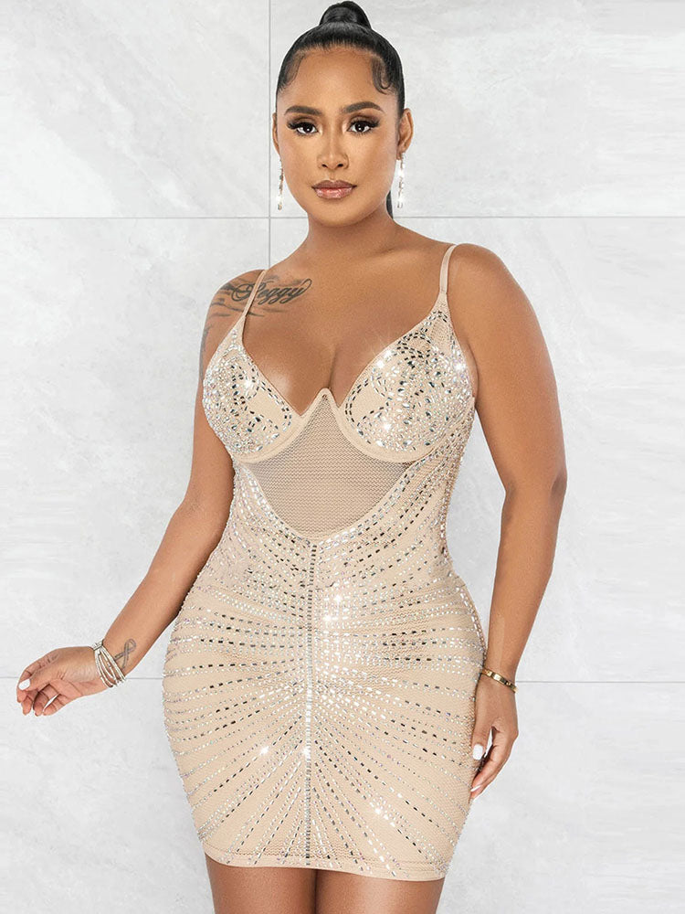 Mesh and Rhinestone Splice Halter Mini Dress