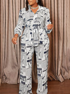 Newspaper Print Blazer Belted Pants Set