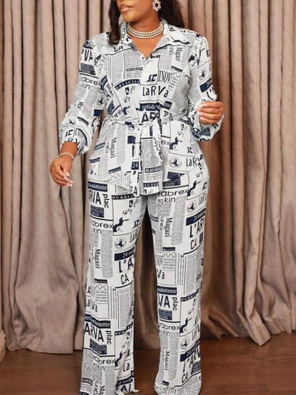 Newspaper Print Blazer Belted Pants Set