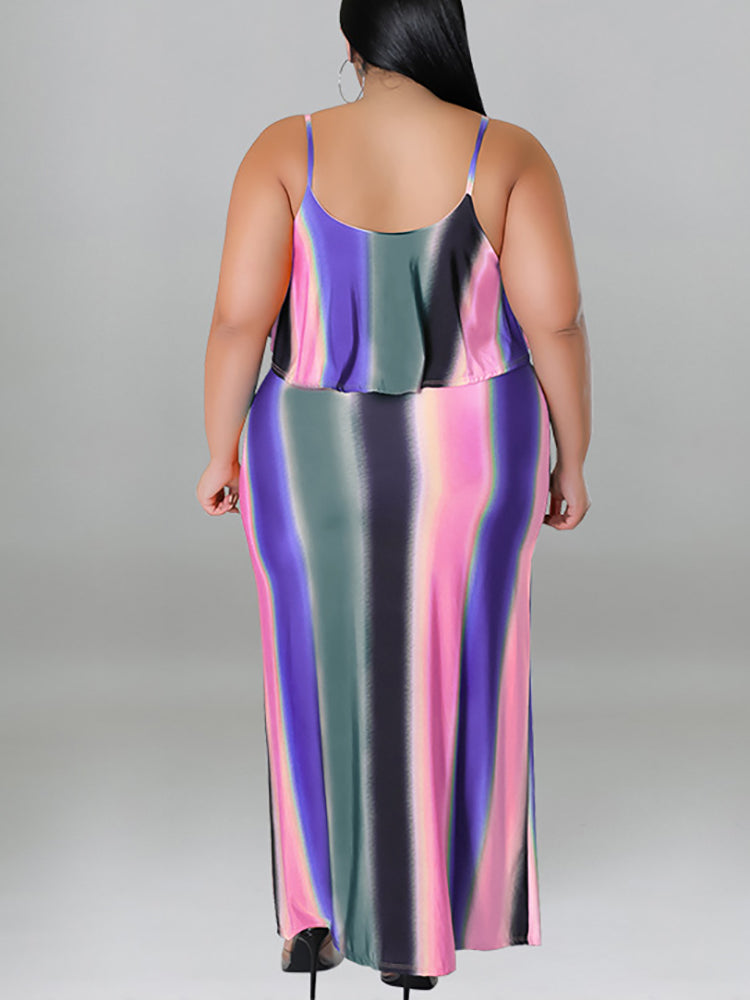 Plus Size Ruffle Strap Rainbow Stripe Print Dress