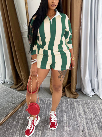 Striped Polo Crop Top Shorts Set