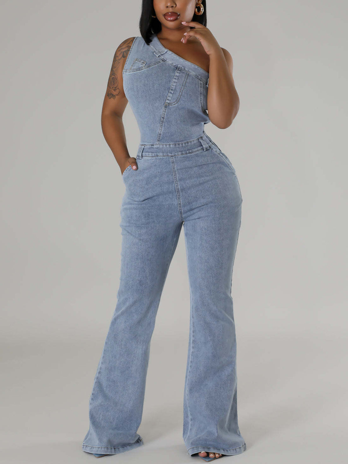 Asymmetrical Shoulder Denim Jumpsuit