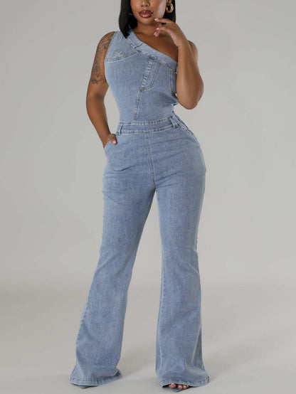 Asymmetrical Shoulder Denim Jumpsuit
