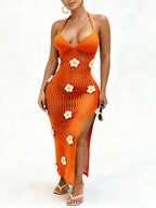 Crochet Flower Halter Backless Dress