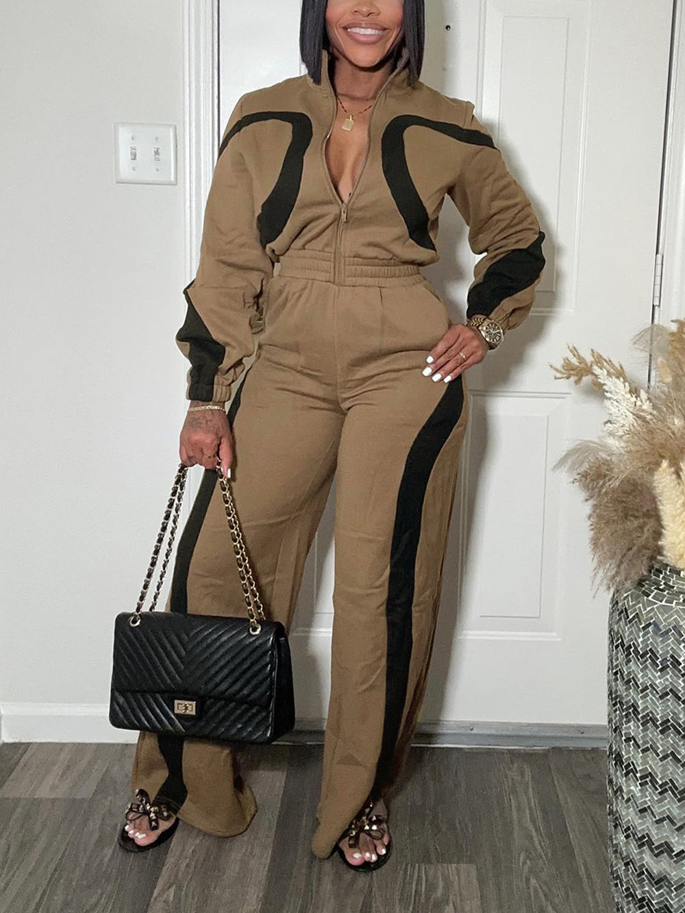 Color Block Half Zip Jumpsuit