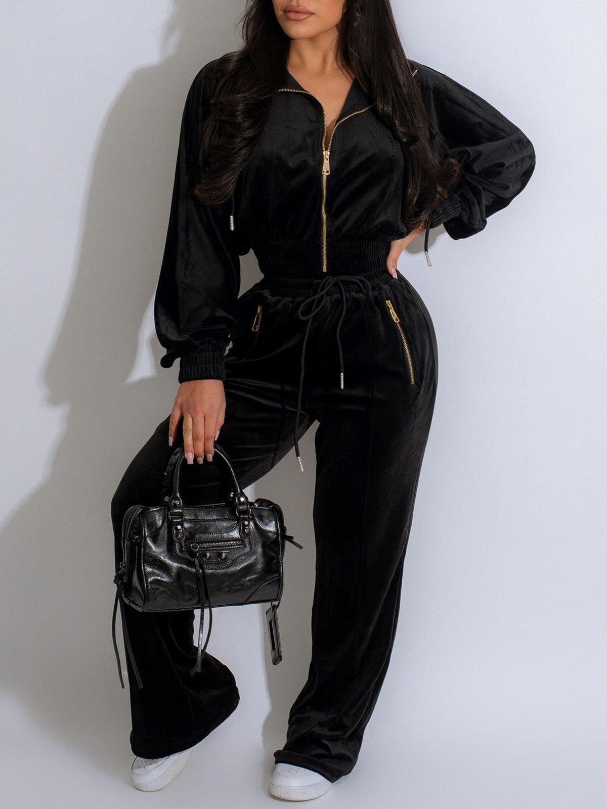 Zipper Jacket Wide Leg Pants Set