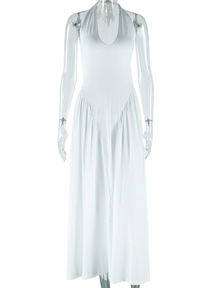Elegant Halter Neck Solid Color Dress