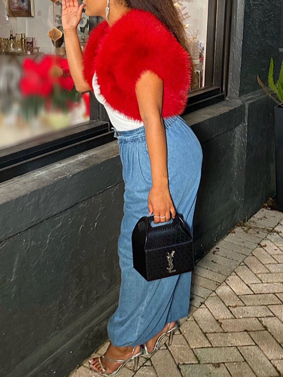 Elastic Waist Drawstring Denim Pants