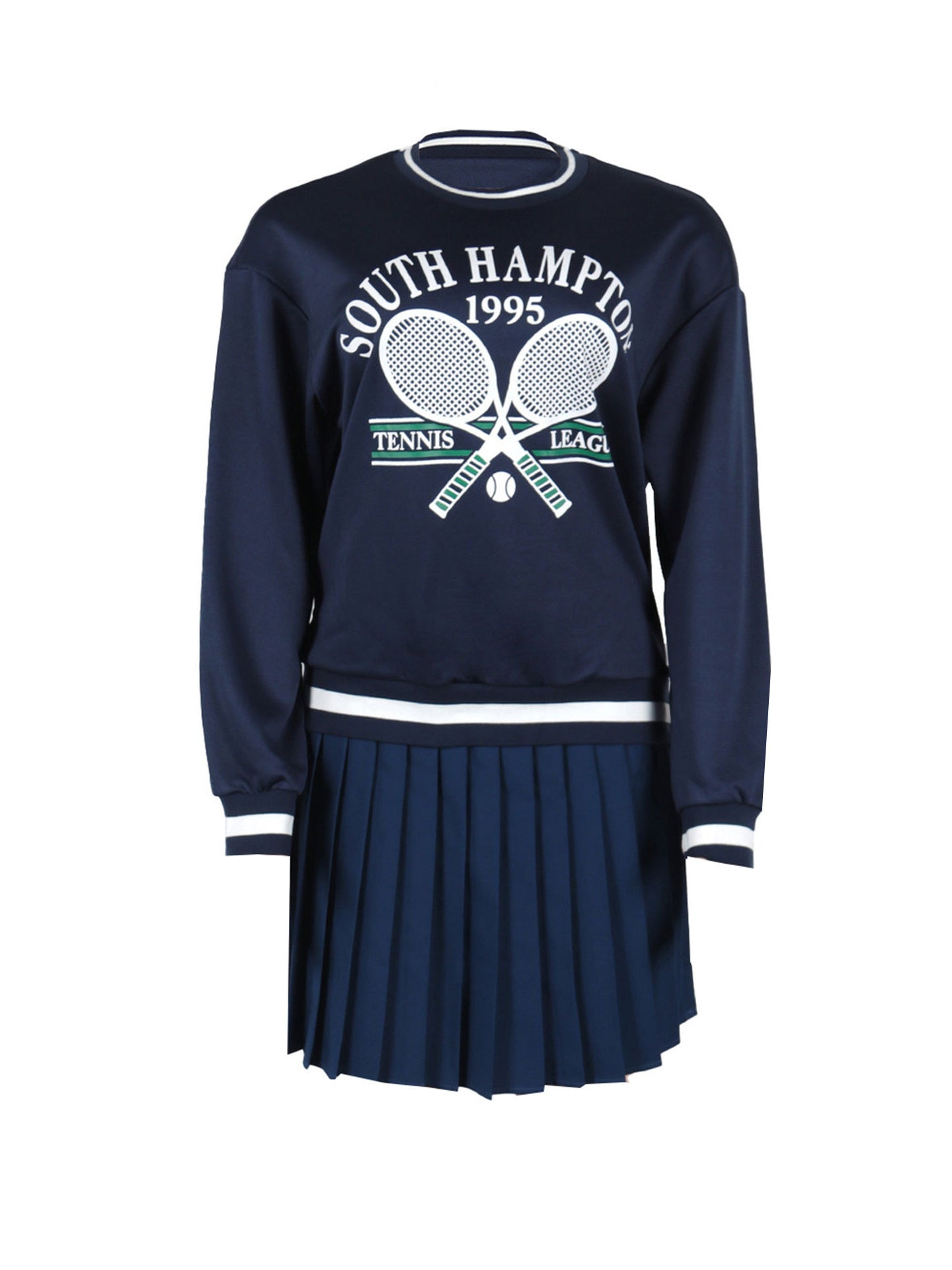 Vintage Tennis Print Sweatshirt Pleated Skirt Set