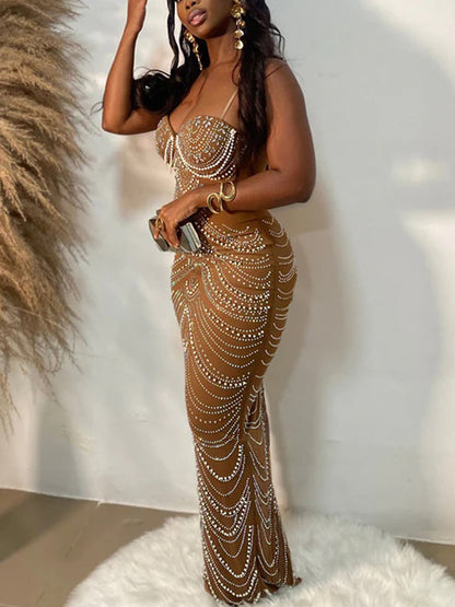 Strappy Rhinestone Mesh Maxi Dress