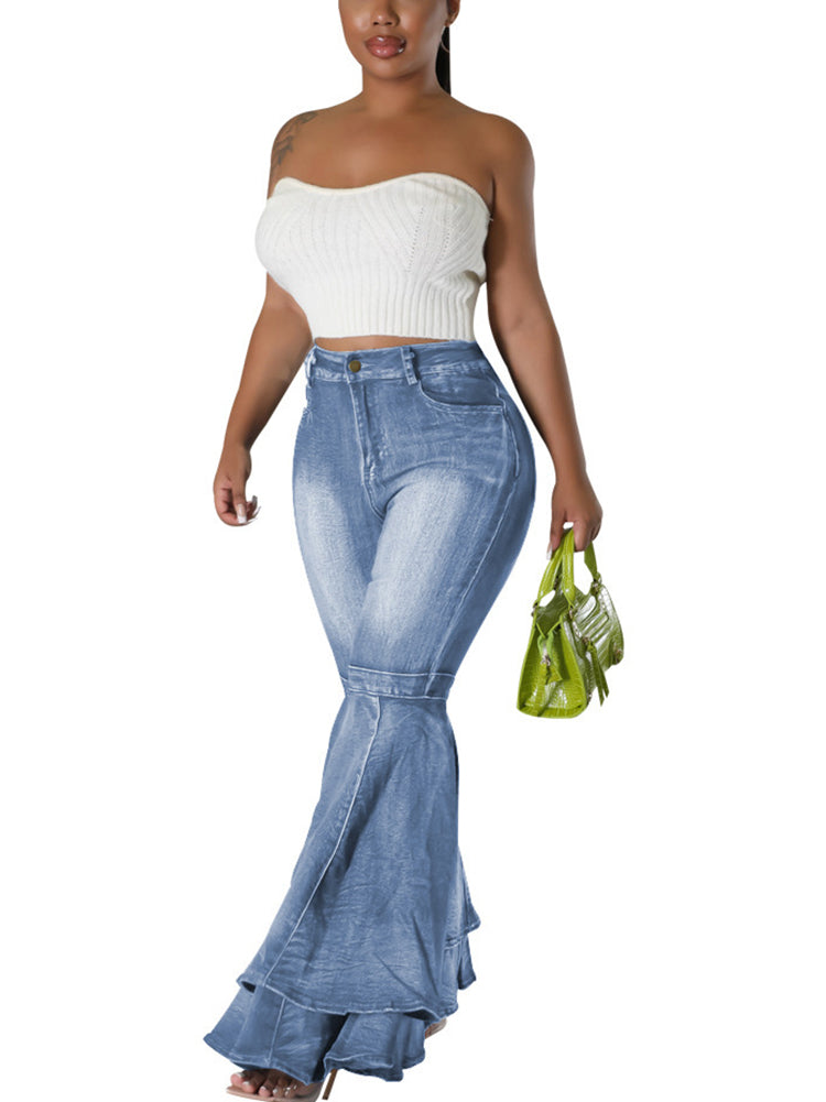 Denim High Waist Ruffle Flare Jeans