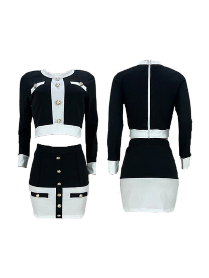 Two Pieces Color Block Button Front Skirt Set