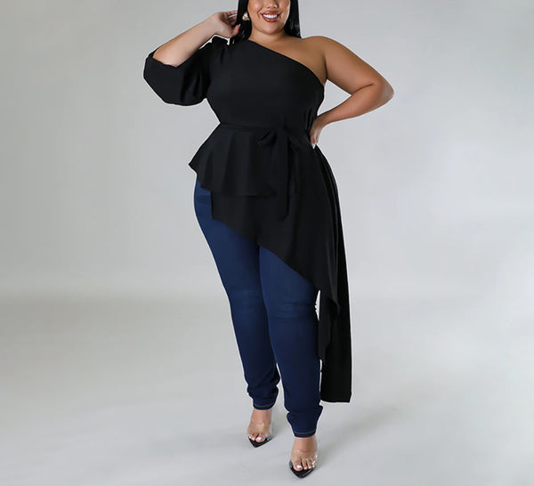 Plus Size One Shoulder Asymmetrical Tops with Belt