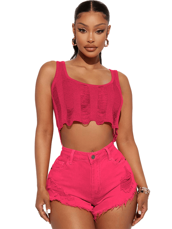 Two Piece Ripped Crop Top + Short Pants Sets